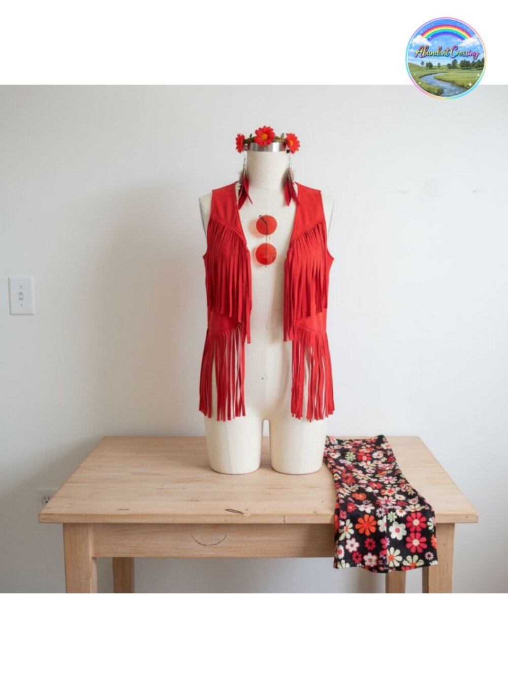 Hippie Costume Set 5 Pcs Fringe Vest Flare Pants Headband Earrings for Women